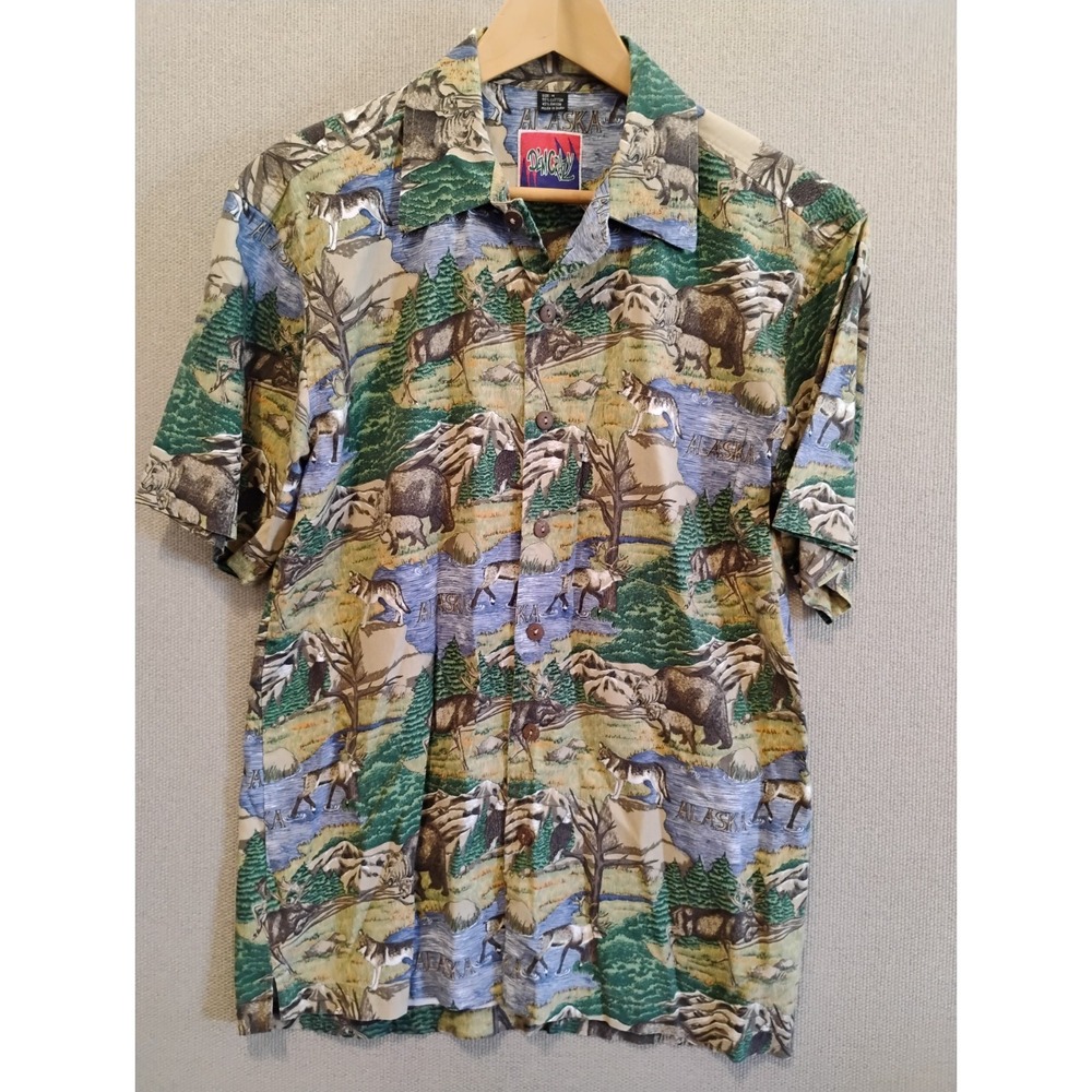 VINTAGE DEM CRAZY Men's Button Up Alaska Wildlife Shirt Moose Bear Wolf EXC